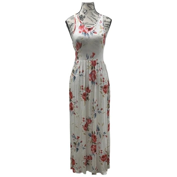 Grecerelle Floral Racerback Maxi Dress Small Ivory Pink Stretchy - Picture 2 of 16